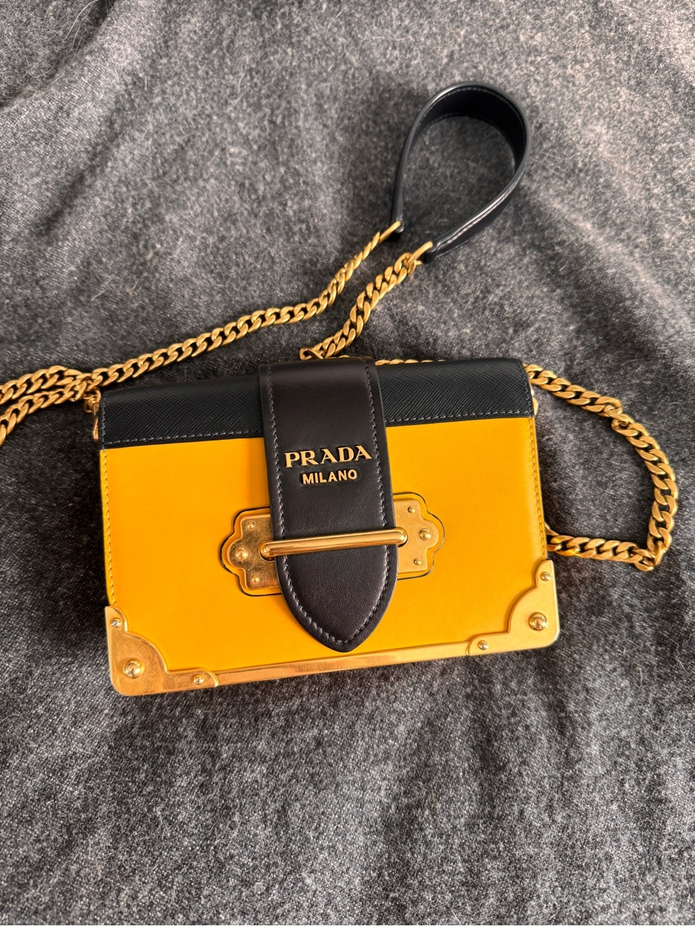 Prada Cahier Yellow and Black Leather Chain Crossbody Bag
